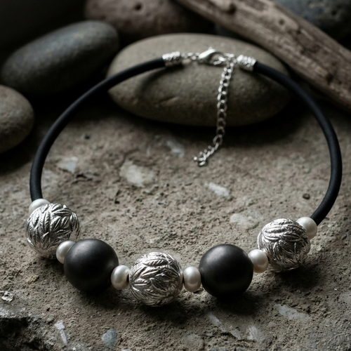 Handmade electroformed 925 silver bead necklace with leaf relief beads and freshwater pearls — Goldlip Thailand