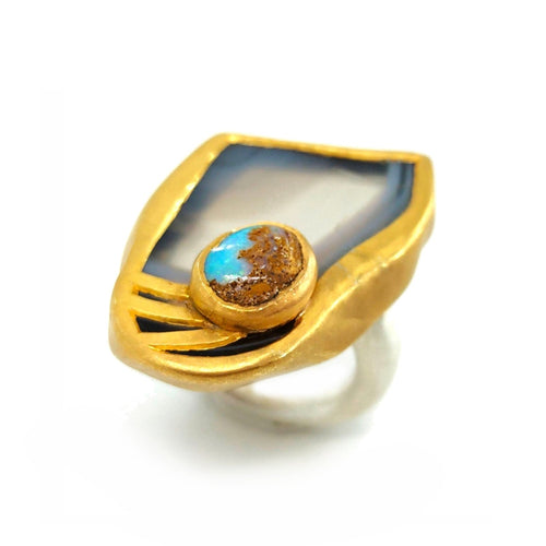 Handmade electroformed 925 silver ring with jasper and boulder opal — Goldlip Thailand