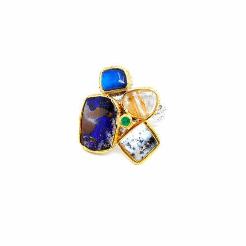 Handmade 925 silver ring with boulder opal, spectrolite and emerald — one of a kind, Goldlip Thailand