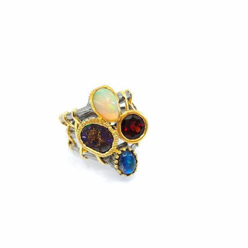 Handmade 925 silver ring with Ethiopian opal, spectrolite and garnet — one of a kind, Goldlip Thailand