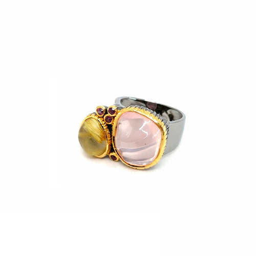 Handmade silver ring with carved rose quartz and rhodolite — one of a kind, Goldlip Thailand