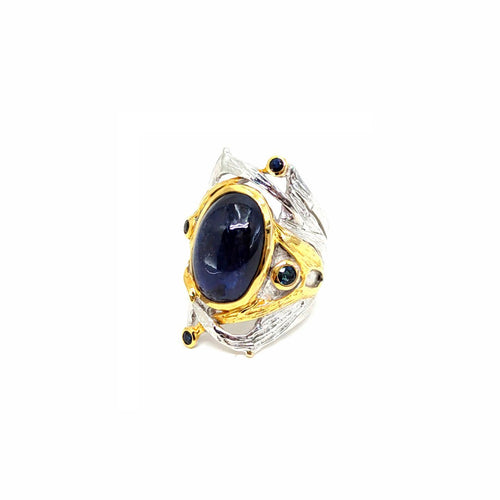 Handmade 925 silver ring with blue sapphire cabochon — one of a kind piece, Goldlip Thailand