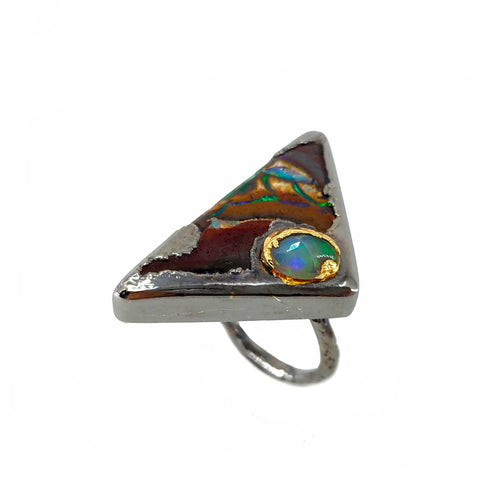Handmade electroformed 925 silver ring with boulder opal and Ethiopian opal, grey finish — Goldlip Thailand