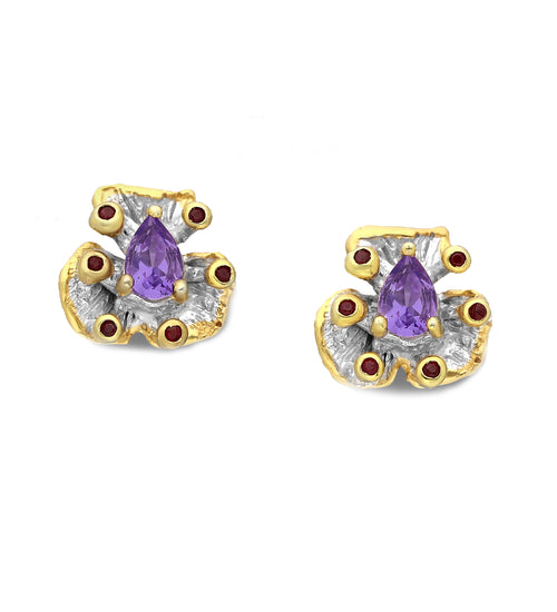 Handmade 925 silver earrings with amethyst and red sapphire — Goldlip Thailand