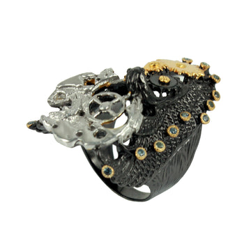 SteamPunk - 925 Sterling Silver Ring, Decorated with Blue/Green Sapphires, Plated with 3 Micron 22K Yellow Gold, Grey Ruthenium and Black Rhodium