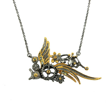 SteamPunk - 925 Sterling Silver Necklace, Decorated with Peridot and Citrine, Plated with 3 Micron 22K Yellow Gold and Grey Ruthenium