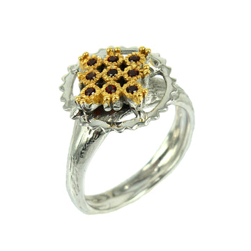 SteamPunk - 925 Sterling Silver Ring, Decorated with Garnets, Plated with 3 Micron 22K Yellow Gold and White Rhodium