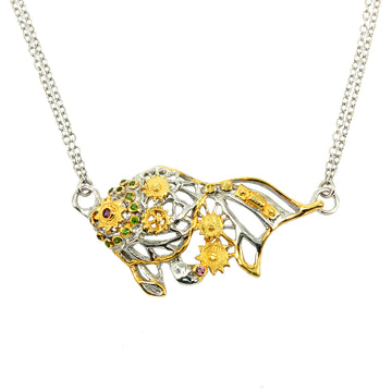SteamPunk - 925 Sterling Silver Necklace, Decorated with Rhodolite and Green Chrome Diopside, Plated with 3 Micron 22K Yellow Gold and White Rhodium