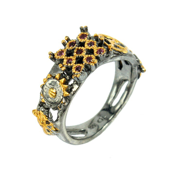 SteamPunk - แหวนเงินแท้ 925 ประดับด้วยโกเมนชุบ 3 ไมครอนเยลโลว์โกลด์ 22K และรูทีเนียมสีเทา