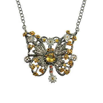 SteamPunk - 925 Sterling Silver Necklace, Decorated with Citrine and Sapphires, Plated with 3 Micron 22K Yellow Gold and Grey Ruthenium