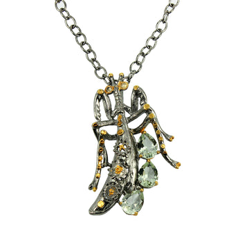 SteamPunk - 925 Sterling Silver Necklace, Decorated with Green Amethyst and Yellow-Orange Sapphires, Plated with 3 Micron 22K Yellow Gold and Grey Ruthenium
