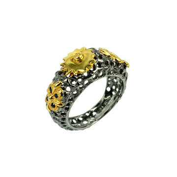 SteamPunk - 925 Sterling Silver Ring, Decorated with Blue Sapphires, Plated with 3 Micron 22K Yellow Gold and Grey Ruthenium