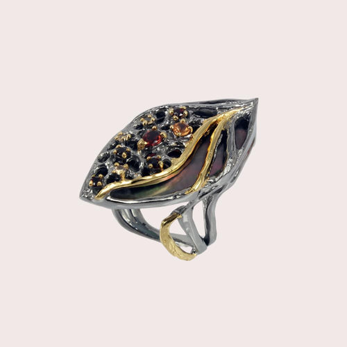 Aqua Tahitian Pearl Garnet Citrine Ring in 925 sterling silver, Goldlip Jewelry