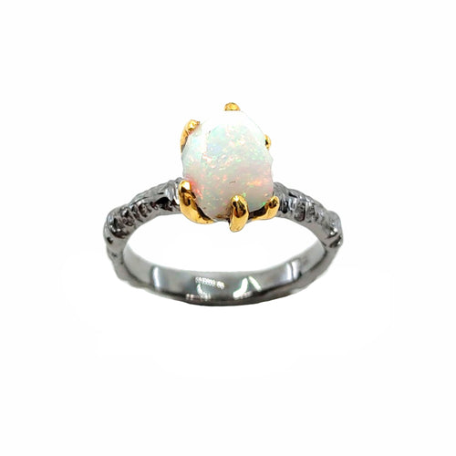 Handmade 925 silver ring with rough Ethiopian opal, grey ruthenium finish — Goldlip Thailand