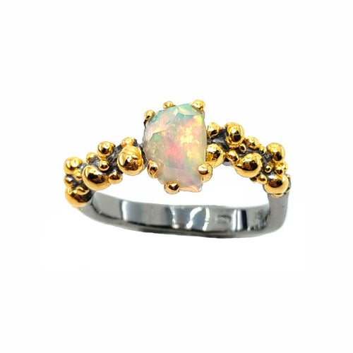 Handmade 925 silver ring with rough Ethiopian opal, grey ruthenium finish II — Goldlip Thailand