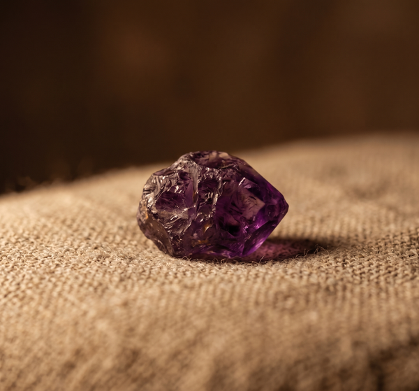 Rough natural amethyst stone on aged linen cloth, Goldlip Jewelry