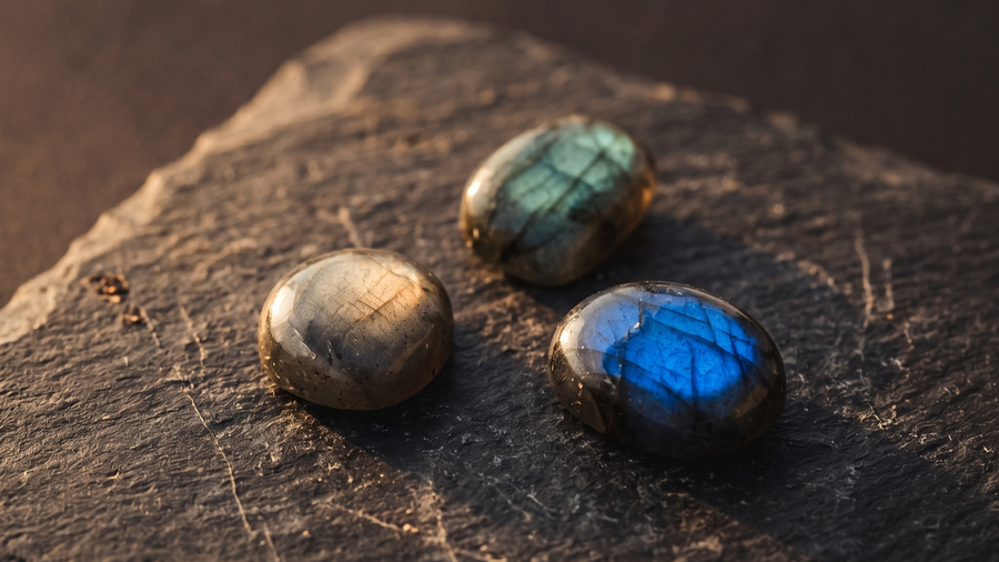 Three labradorite stones showing different color flash on dark slate, Goldlip Jewelry