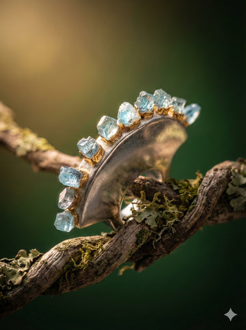 Electroforming -  925 Sterling Silver Ring, Decorated with Rough Aquamarine, Plated with 3 Micron 22K Yellow Gold and White Rhodium