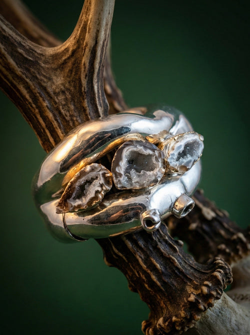 Handmade electroformed 925 silver cuff bangle with natural druzy agate — Goldlip Thailand