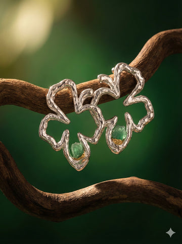 Electroforming -  925 Sterling Silver Earring, Decorated with Rough Emerald, Plated with 3 Micron 22K Yellow Gold and White Rhodium