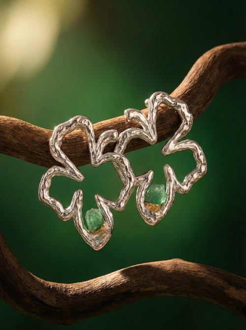 Handmade electroformed 925 silver earrings with rough emerald, gold plated — Goldlip Thailand