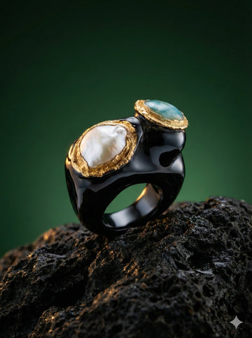 Electroforming -  925 Sterling Silver Ring, Decorated with cabochon Larimar and Keshi Pearl, Plated with 3 Micron 22K Yellow Gold and Super Black Rhodium