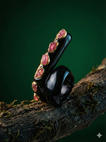 Electroforming -  925 Sterling Silver Ring, Decorated with Rough Ruby, Plated with 3 Micron 22K Yellow Gold and Super Black Rhodium