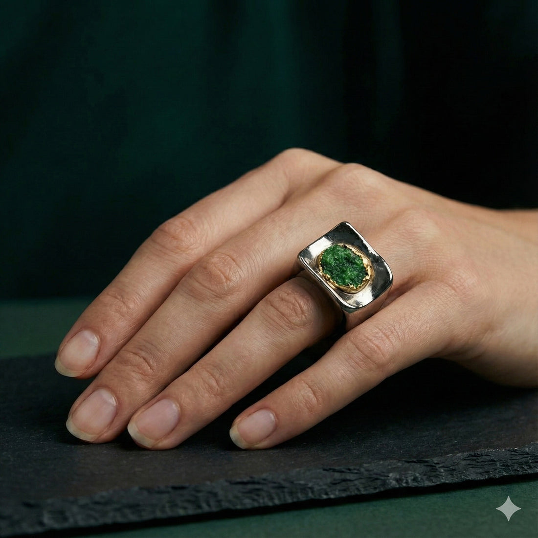 Electroforming – 925 Sterling Silver Ring, Decorated with Natural Uvarovite Crystal