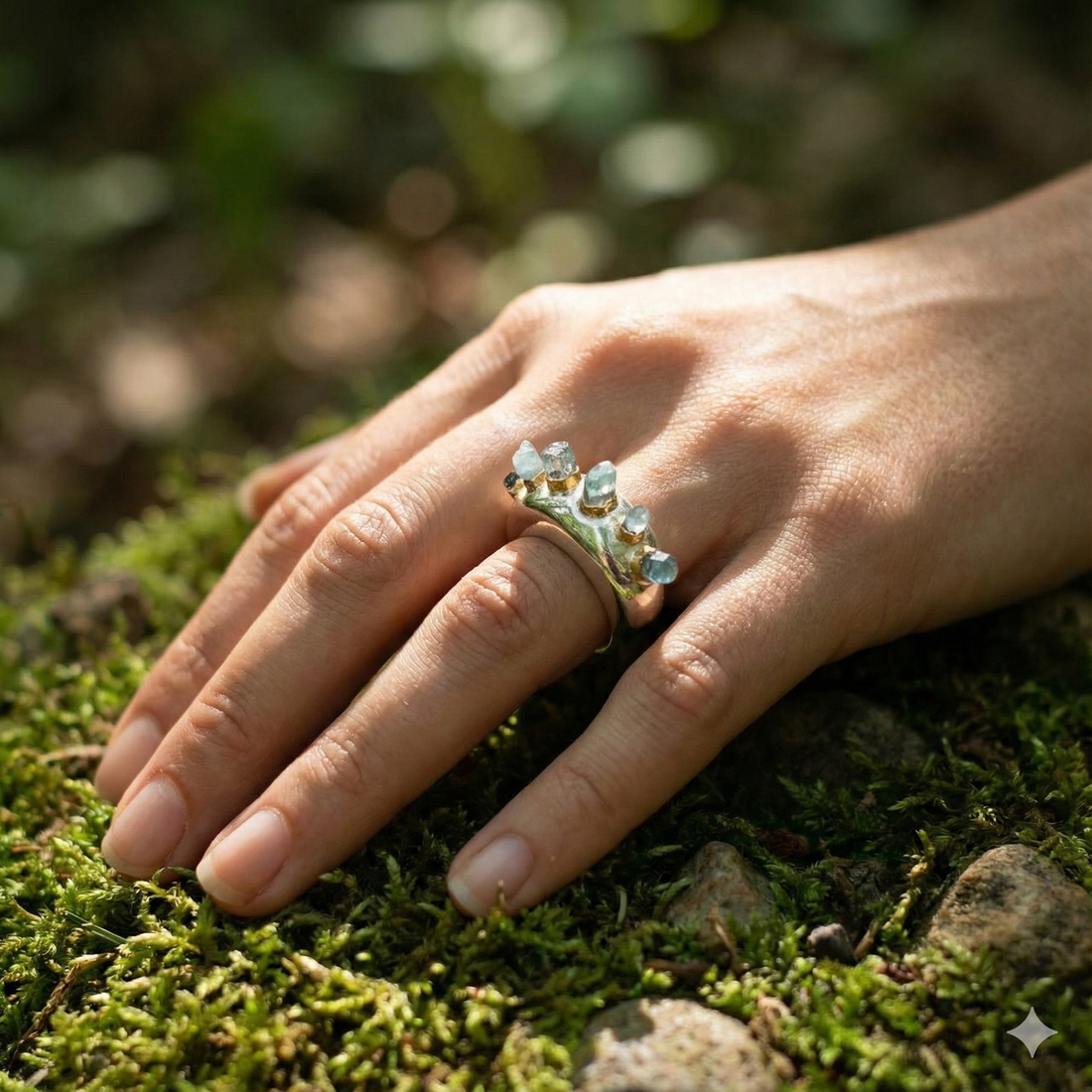 Electroforming - 925 Sterling Silver Ring, Decorated with Rough Aquamarine Crystals