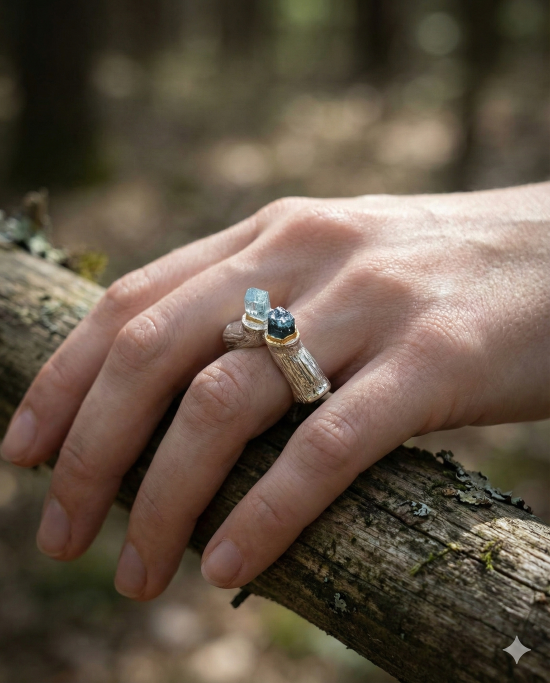 Electroforming – 925 Sterling Silver Ring, Decorated with Two Raw Aquamarine Crystals