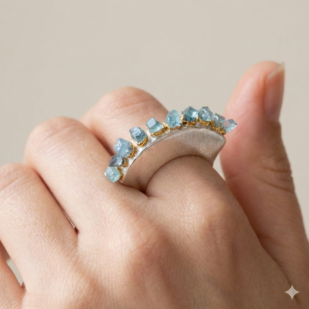 Electroforming -  925 Sterling Silver Ring, Decorated with Rough Aquamarine, Plated with 3 Micron 22K Yellow Gold and White Rhodium