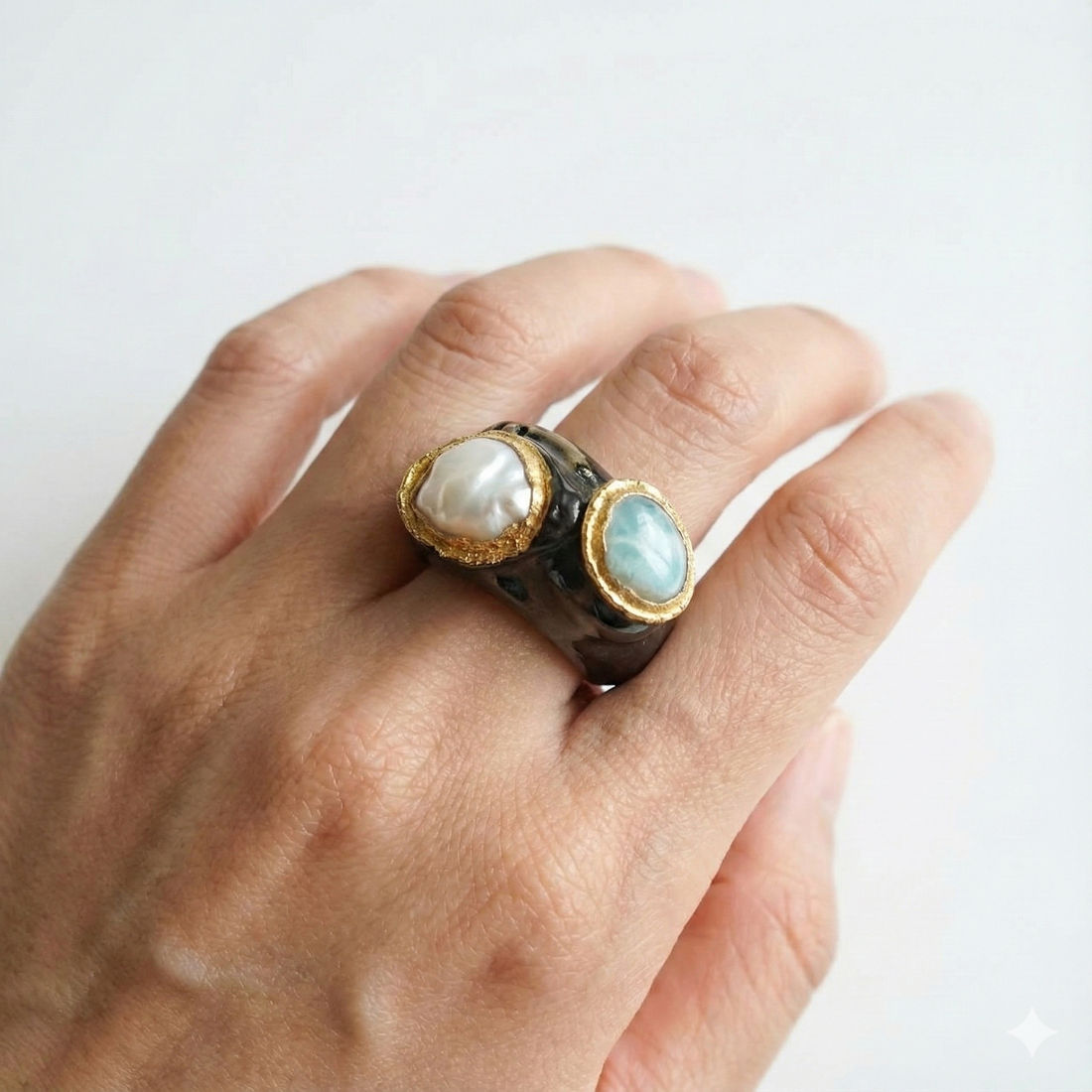 Electroforming -  925 Sterling Silver Ring, Decorated with cabochon Larimar and Keshi Pearl, Plated with 3 Micron 22K Yellow Gold and Super Black Rhodium
