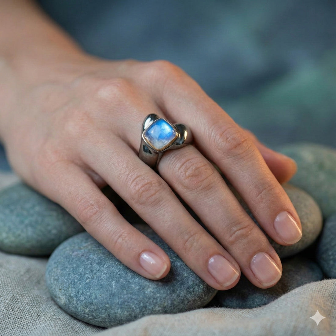 Electroforming – 925 Sterling Silver Ring, Decorated with Square Spectrolite Cabochon and Gold Accents