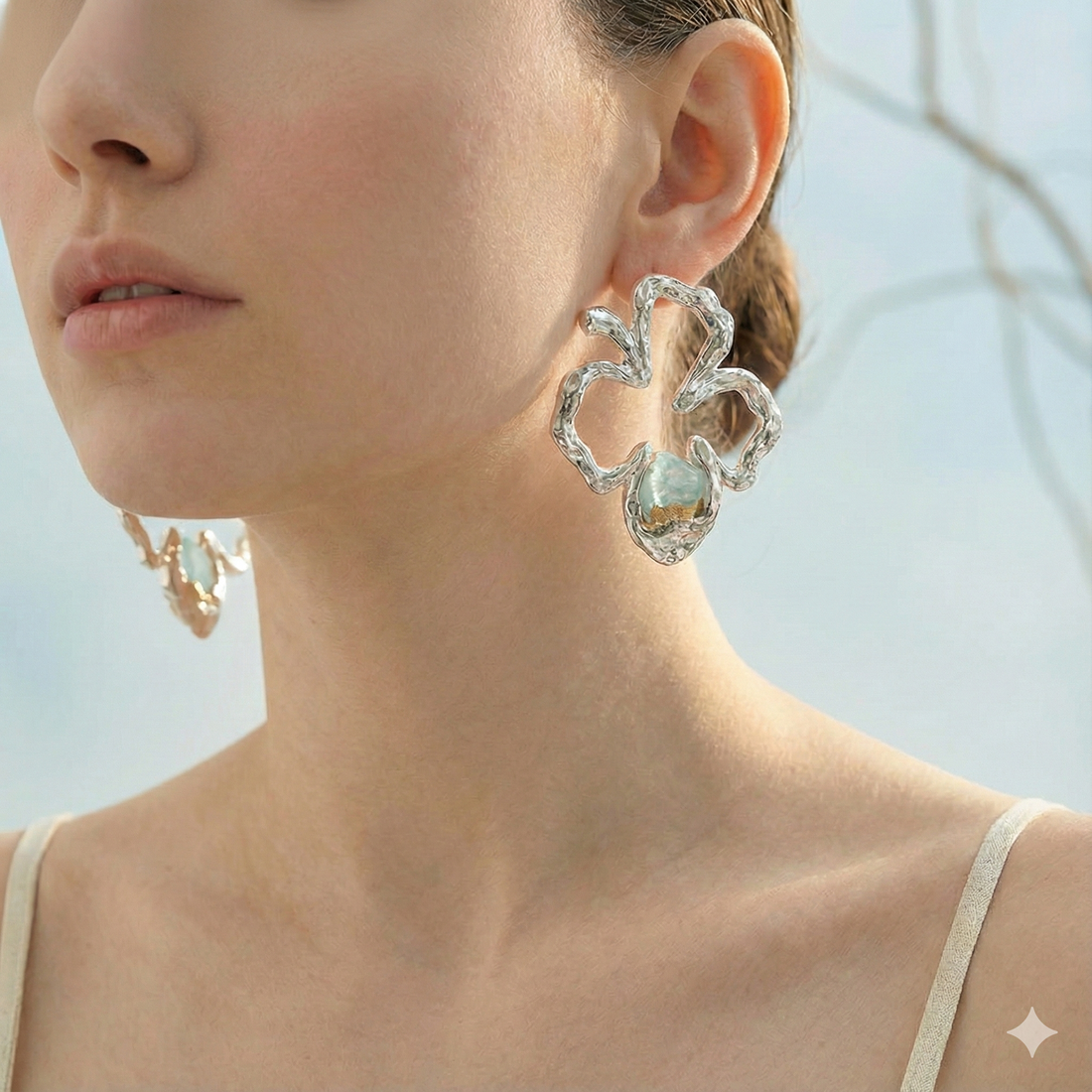 Electroforming -  925 Sterling Silver Earring, Decorated with Rough Emerald, Plated with 3 Micron 22K Yellow Gold and White Rhodium