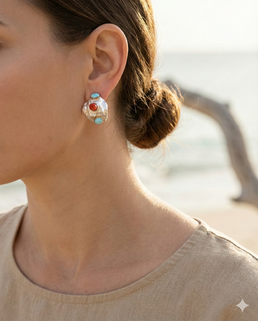 Electroforming – 925 Sterling Silver Single Stud Earring, Decorated with Adriatic Red Coral and Larimar