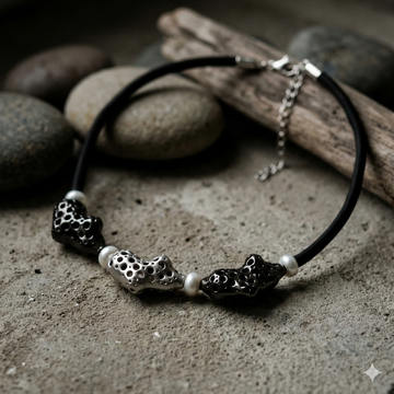 Bead Electroforming - 925 Sterling Silver Necklace, Sculptural Trio Beads in Satin Silver and Super Black, with Freshwater Pearls, on Silk Cord