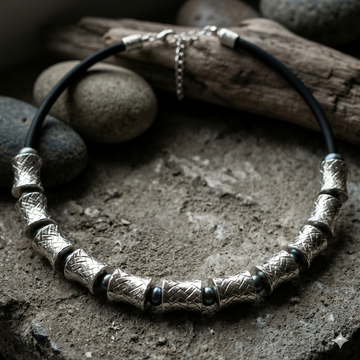 Bead Electroforming - 925 Sterling Silver Necklace, Cross-Hatched Beads, Spaced with Black Pearls, on Silk Cord