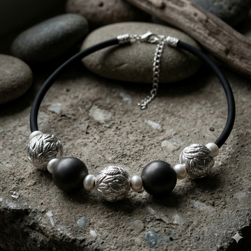 Bead Electroforming - 925 Sterling Silver Necklace, Leaf-Relief Beads, Paired with Super Black Beads and Freshwater Pearls, on Silk Cord