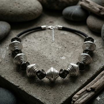 Bead Electroforming - 925 Sterling Silver Necklace, Fine Shell-Ridge Beads, Spaced with Black Pearls, on Silk Cord