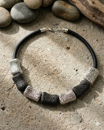 Bead Electroforming - 925 Sterling Silver Necklace, Porous Cratered Beads in Satin Silver and Super Black, on Silk Cord