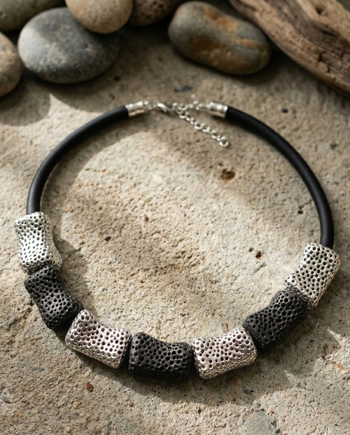 Handmade electroformed 925 silver bead necklace with cratered beads on silk cord — Goldlip Thailand