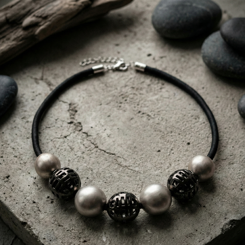 Handmade electroformed 925 silver bead necklace with openwork sphere beads on silk cord — Goldlip Thailand