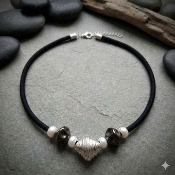 Bead Electroforming - 925 Sterling Silver Necklace, Ribbed Shell Bead Center, Freshwater Pearls and Super Black Beads, on Silk Cord