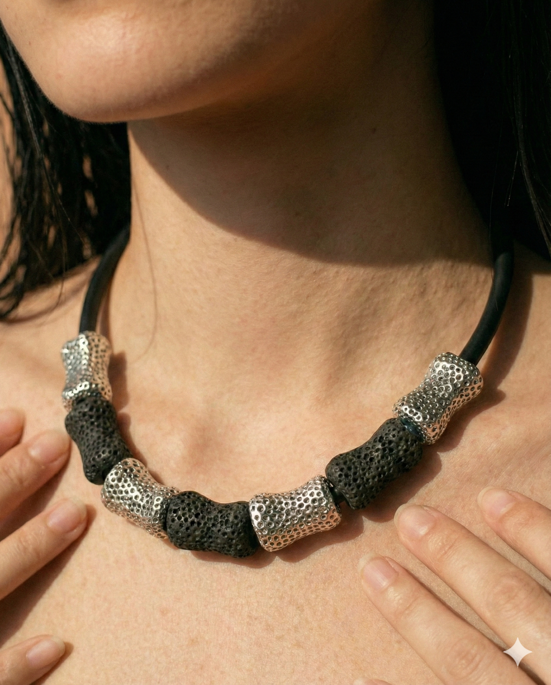 Bead Electroforming - 925 Sterling Silver Necklace, Porous Cratered Beads in Satin Silver and Super Black, on Silk Cord