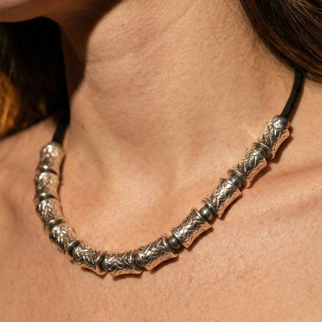 Bead Electroforming - 925 Sterling Silver Necklace, Cross-Hatched Beads, Spaced with Black Pearls, on Silk Cord