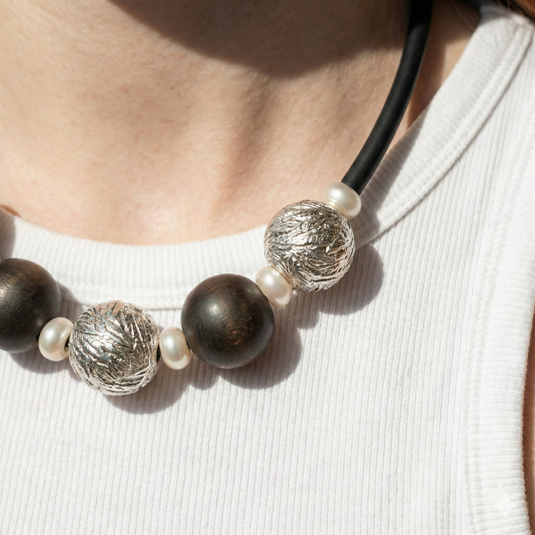 Bead Electroforming - 925 Sterling Silver Necklace, Leaf-Relief Beads, Paired with Super Black Beads and Freshwater Pearls, on Silk Cord