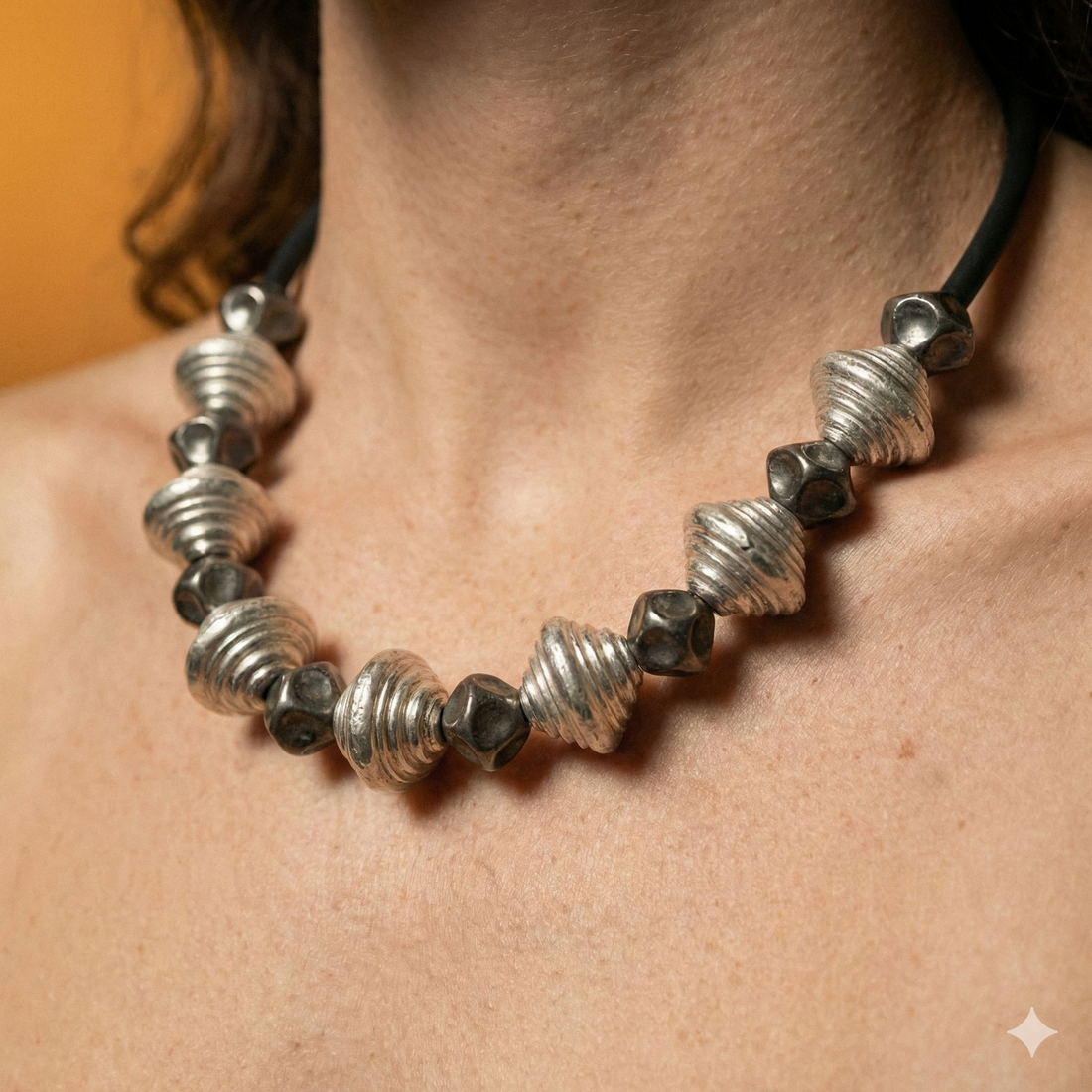 Bead Electroforming - 925 Sterling Silver Necklace, Fine Shell-Ridge Beads, Spaced with Black Pearls, on Silk Cord