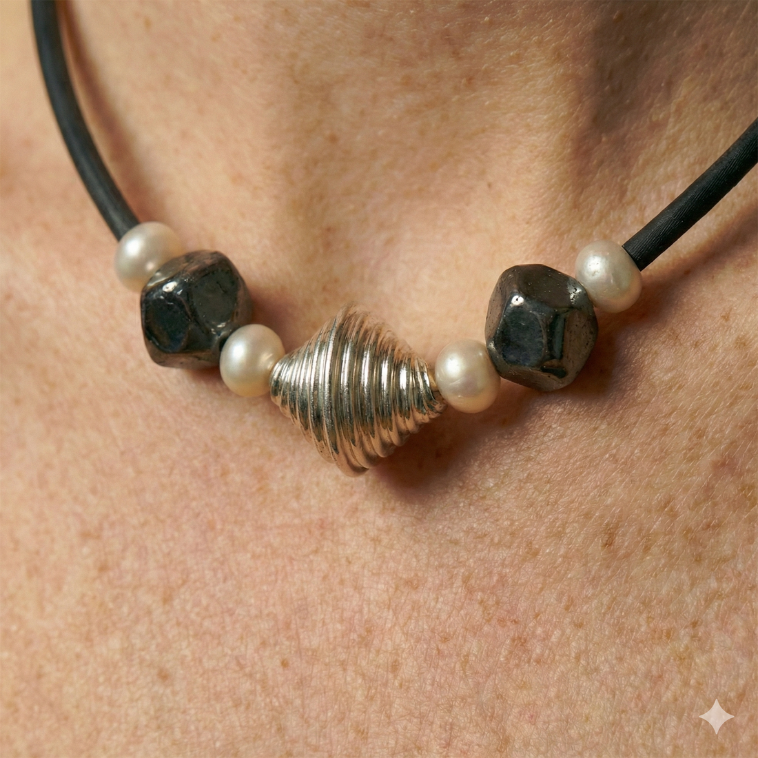 Bead Electroforming - 925 Sterling Silver Necklace, Ribbed Shell Bead Center, Freshwater Pearls and Super Black Beads, on Silk Cord