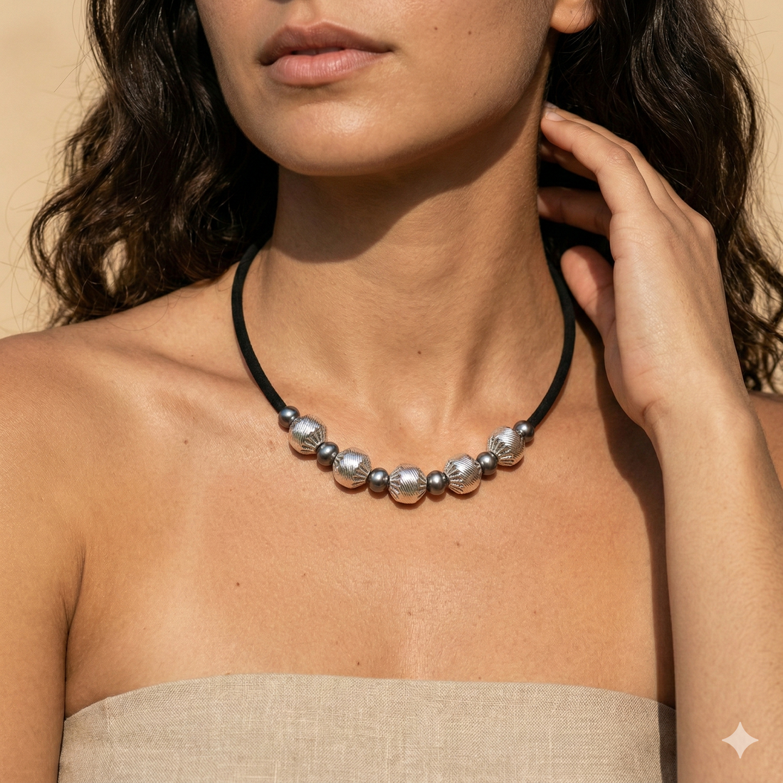 Bead Electroforming - 925 Sterling Silver Necklace, Ribbed Shell-Like Beads, Paired with Glossy Super Black Beads, on Silk Cord