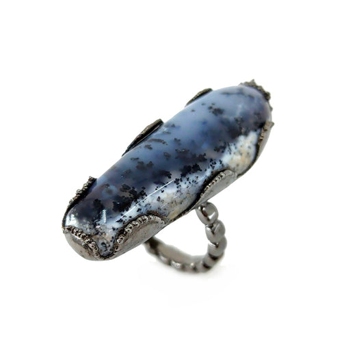 Handmade electroformed 925 silver ring with dendritic opal, grey ruthenium finish — Goldlip Thailand